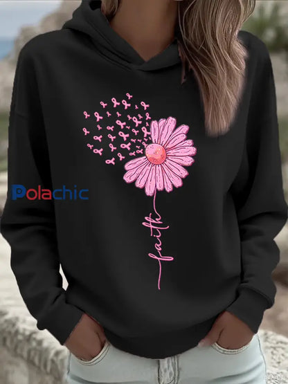 Femmes Rose Ruban Tournesol Foi Sensibilisation au Cancer Du Sein Soutien Sweatshirt Noir / S