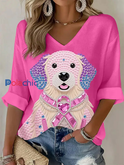 Femmes Rose Strass Chien Rose Ruban Imprimé Sensibilisation Au Cancer Du Sein Soutien À Manches Longues Top Rose Rouge