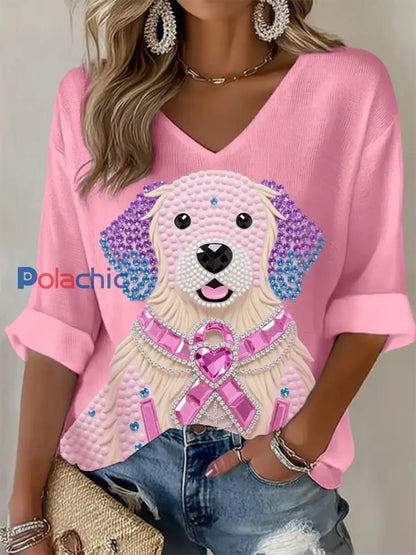 Femmes Rose Strass Chien Rose Ruban Imprimé Sensibilisation Au Cancer Du Sein Soutien À Manches Longues Top Rose / S