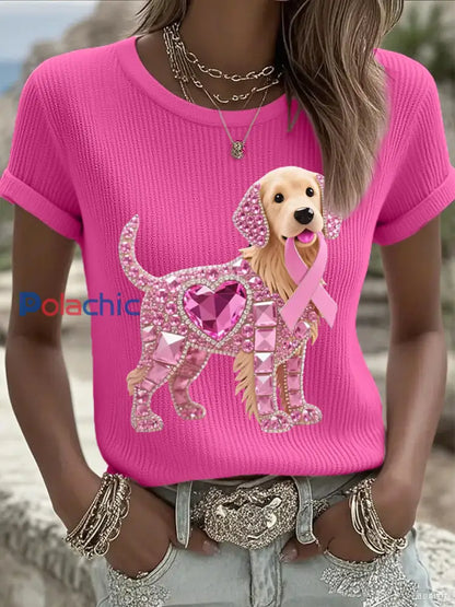 Femmes Rose Strass Chien Rose Ruban Imprimer Cancer Du Sein Sensibilisation Soutien Tee Rose Rouge / S
