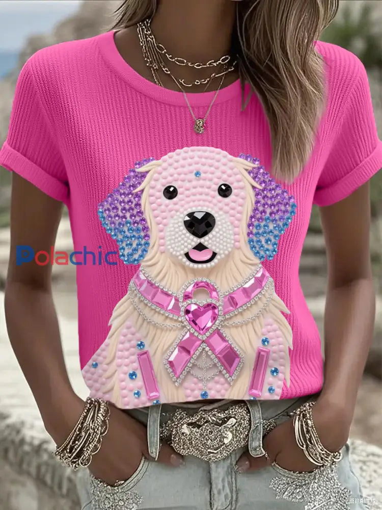 Femmes Rose Strass Chien Rose Ruban Imprimer Cancer Du Sein Sensibilisation Soutien Tee Rose Rouge / S