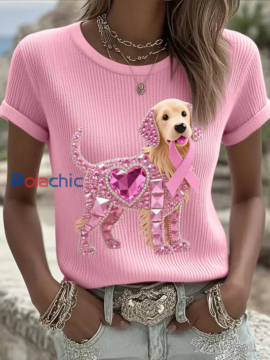 Femmes Rose Strass Chien Rose Ruban Imprimer Cancer Du Sein Sensibilisation Soutien Tee Rose / S