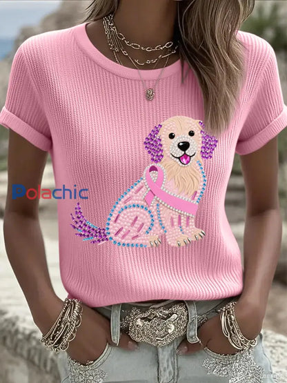 Femmes Rose Strass Chien Rose Ruban Imprimer Cancer Du Sein Sensibilisation Soutien Tee Rose / S