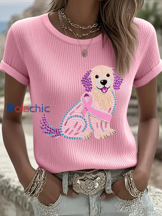 Femmes Rose Strass Chien Rose Ruban Imprimer Cancer Du Sein Sensibilisation Soutien Tee Rose / S