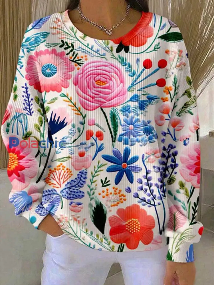 Femmes Sensibilisation au cancer du sein imprimé floral tricot ras du cou à manches longues Top comme image / S