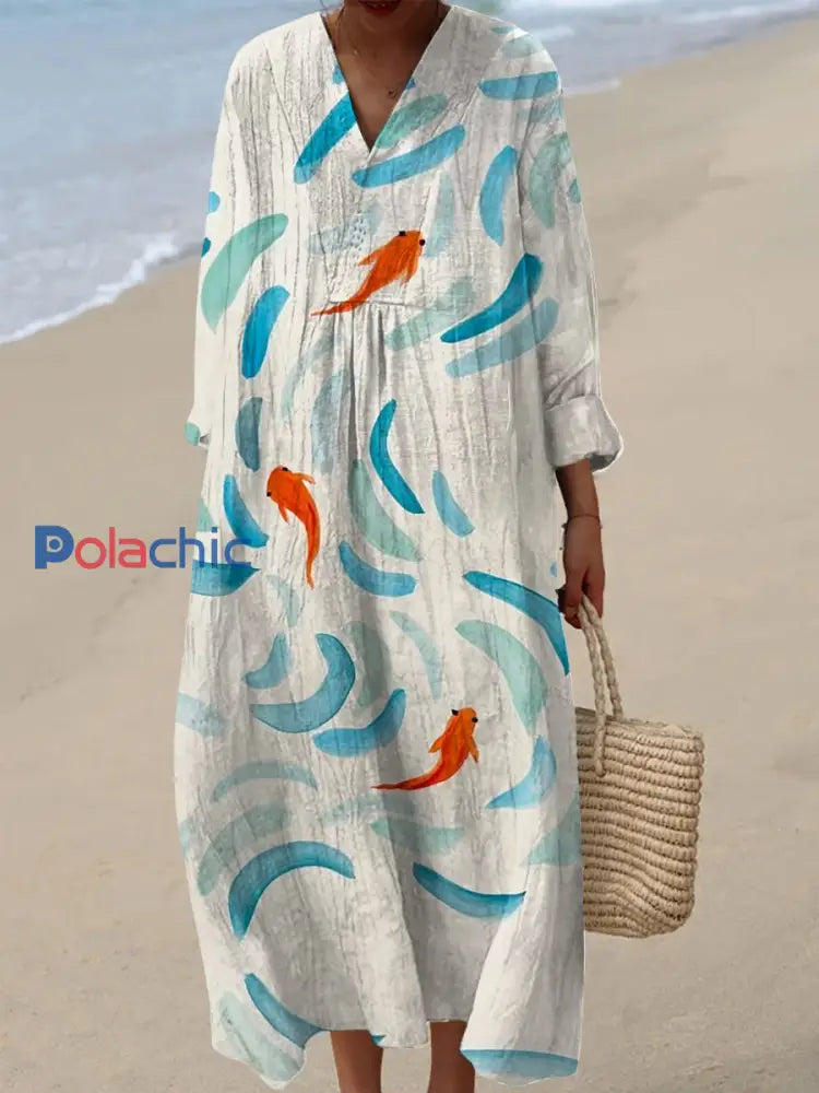 Femmes Vintage Abstrait Goldfish Art Print Casual V-Neck Robes coloré / S
