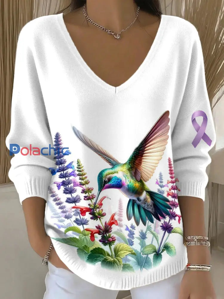 Femmes Vintage Animal Floral Bird Art V-Neck Casual Top. Blanc / S