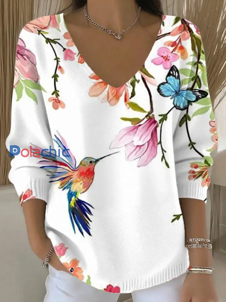 Femmes Vintage Animal Floral Bird Art V-Neck Casual Top. Blanc / S