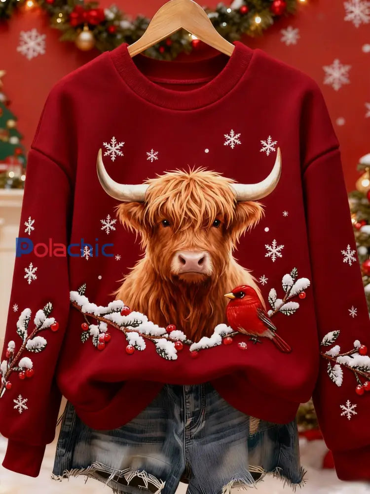 Femmes Vintage Christmas Highland Cattle Sweatshirt Imprimé Rouge / S