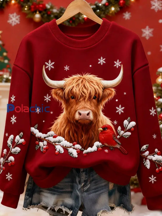 Femmes Vintage Christmas Highland Cattle Sweatshirt Imprimé Rouge / S