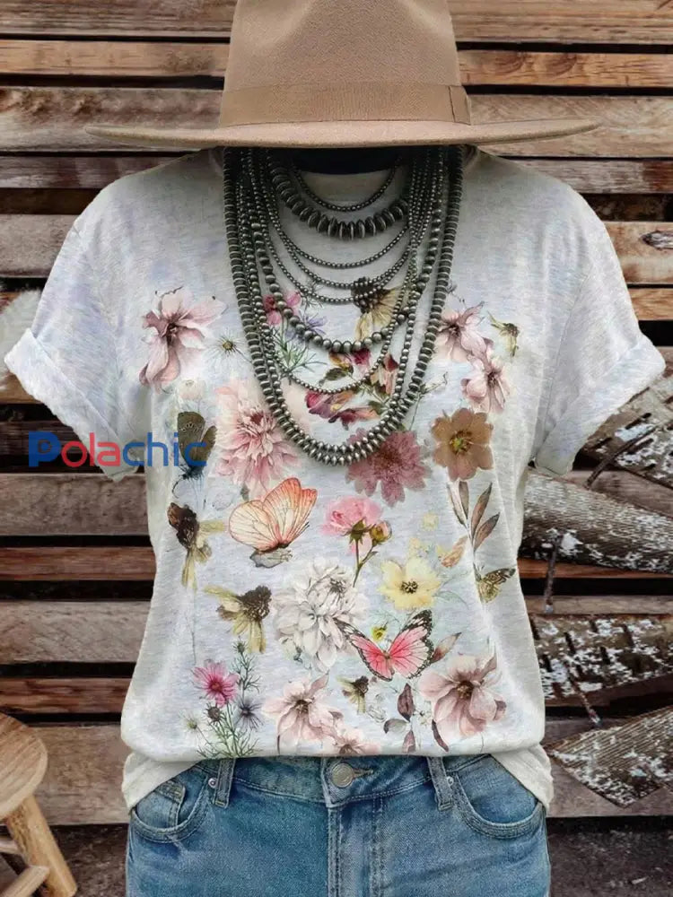 Femmes Vintage Élégant Doux Western Fleurs Art Coton T-shirt Top comme image / S