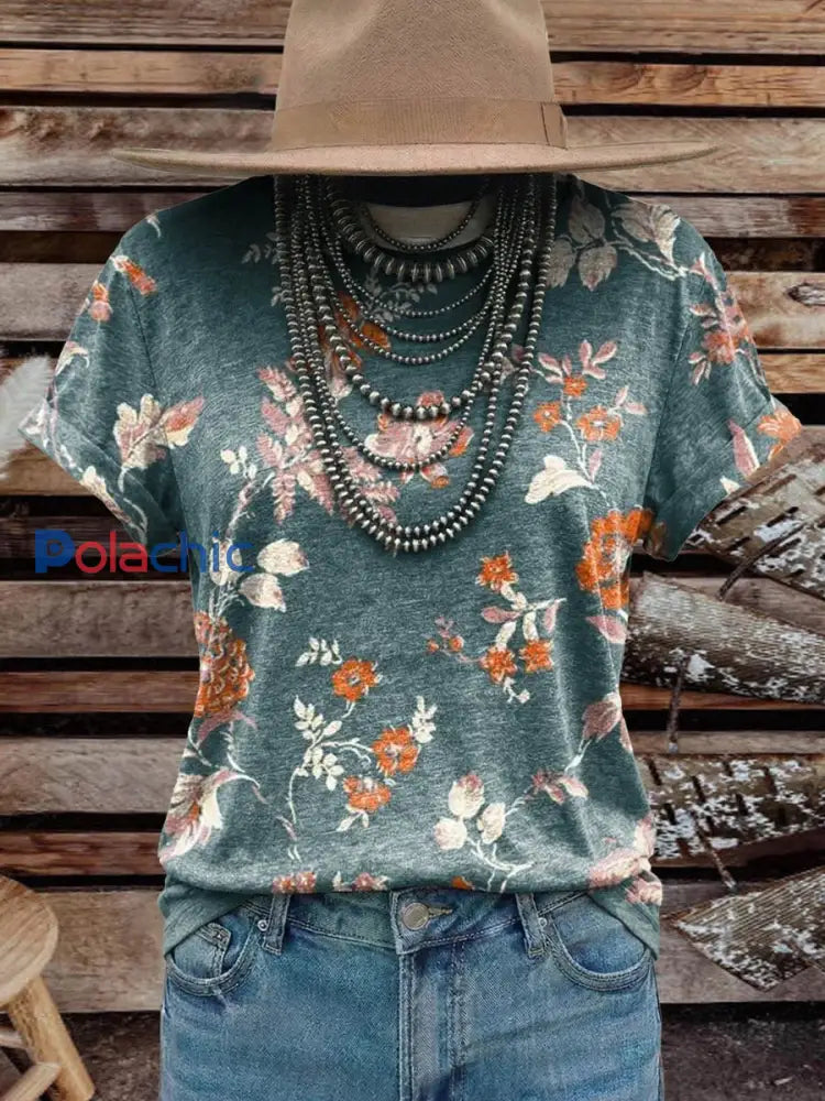 Femmes Vintage Élégant Doux Western Fleurs Art Coton T-shirt Top comme image / S