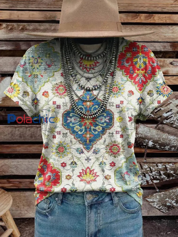 Femmes Vintage Élégant Doux Western Fleurs Art Coton T-shirt Top comme image / S