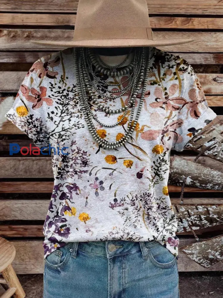 Femmes Vintage Élégant Doux Western Fleurs Art Coton T-shirt Top comme image / S