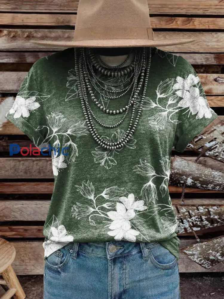 Femmes Vintage Élégant Doux Western Fleurs Art Coton T-shirt Top comme image / S