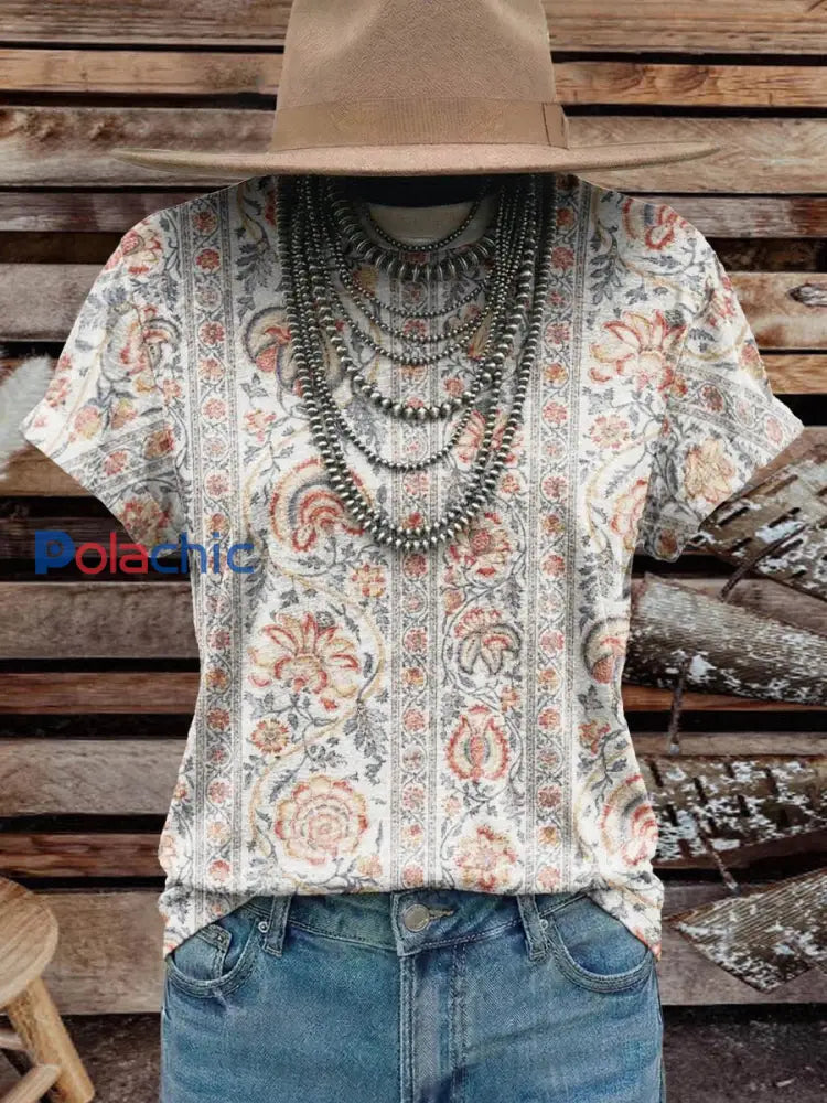 Femmes Vintage Élégant Doux Western Fleurs Art Coton T-shirt Top comme image / S