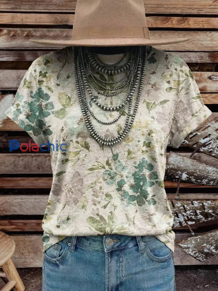Femmes Vintage Élégant Doux Western Fleurs Art Coton T-shirt Top comme image / S