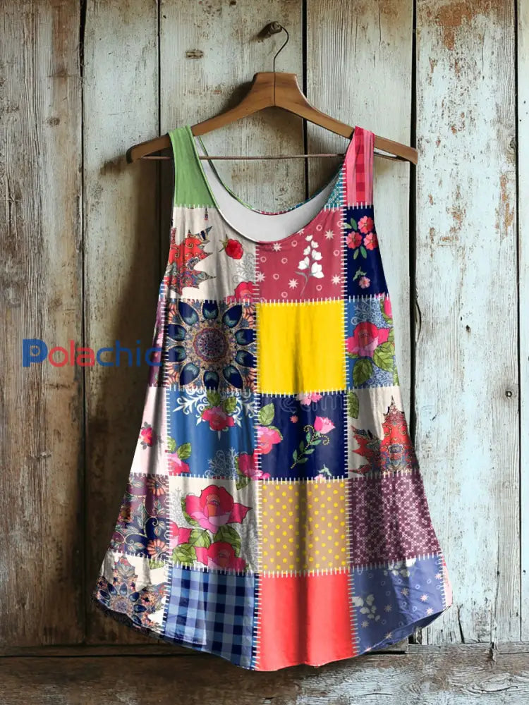 Femmes vintage géométrique imprimé floral sans manches comme image / S
