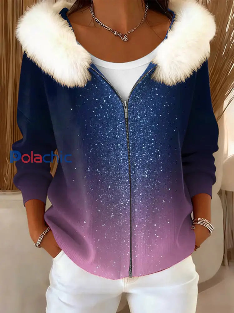 Femmes Vintage Gradient Couleur Artistique Fourrure Manteau À Capuche Multicolore / S