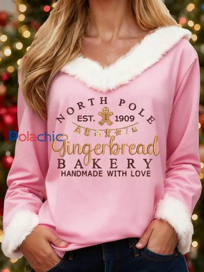 Femmes Vintage Noël Pôle Nord Gingerbread Imprimer Casual col de fourrure Top Rose / S