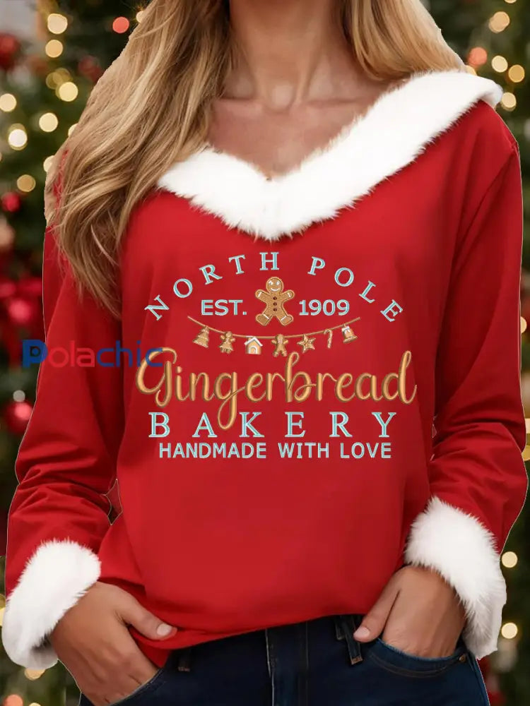 Femmes Vintage Noël Pôle Nord Gingerbread Imprimer Casual col de fourrure Top Rouge / S