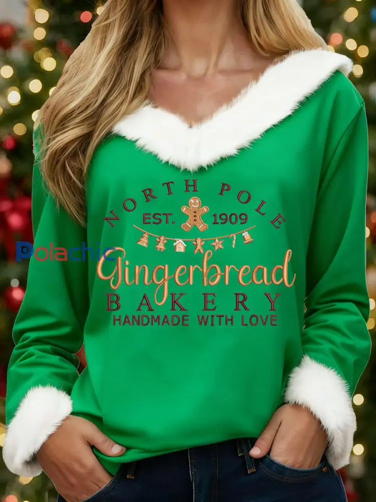 Femmes Vintage Noël Pôle Nord Gingerbread Imprimer Casual col de fourrure Top Vert / S