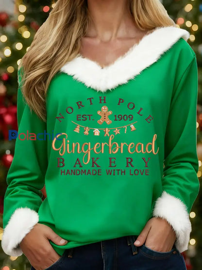 Femmes Vintage Noël Pôle Nord Gingerbread Imprimer Casual col de fourrure Top Vert / S