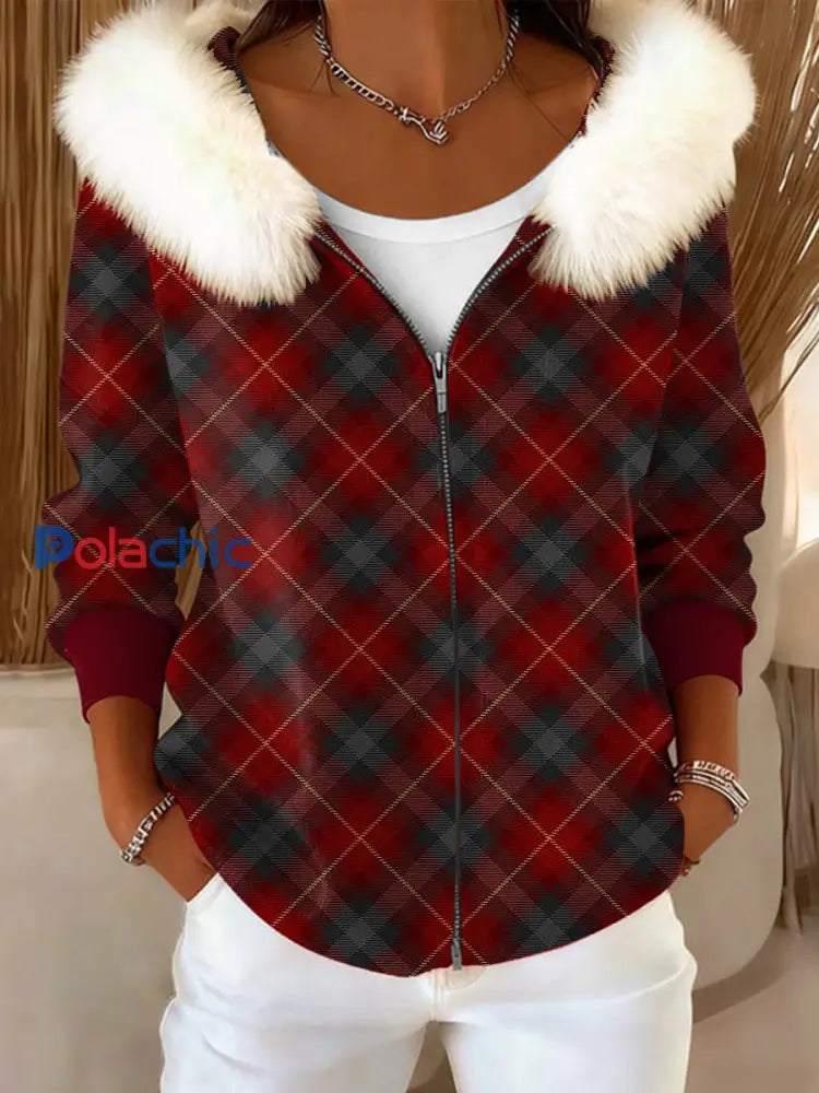 Femmes Vintage Plaid artistique col en fausse fourrure Manteau à capuche Multicolore / S