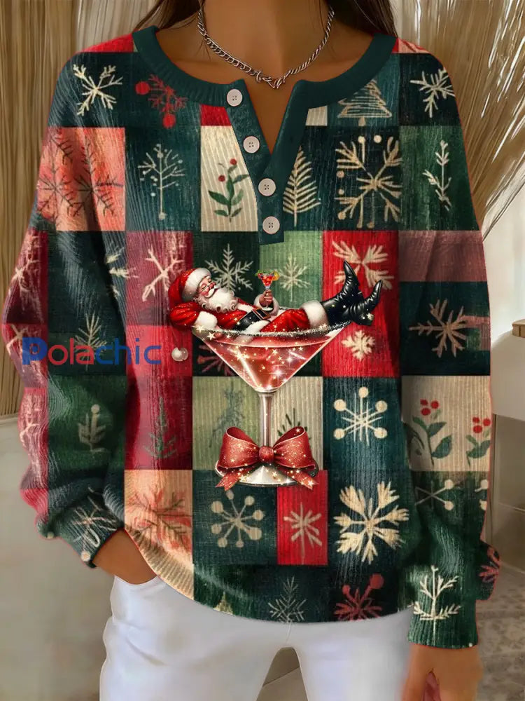 Femmes Vintage Plaid Imprimer Noël Cocktail Père Noël Art Imprimer à manches longues Pull Vert / S