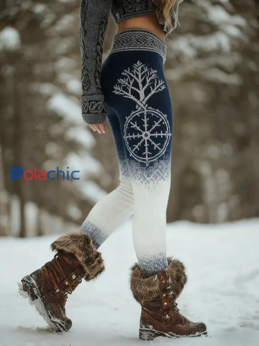 Femmes Vintage Vegvisir noeud celtique arbre de vie Gradient sport Stretch Leggings Bleu Marine / S