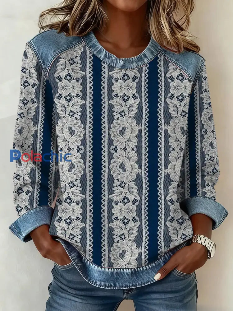 Femmes Vintage Western Dentelle Imprimer Denim Patchwork Top comme image / S