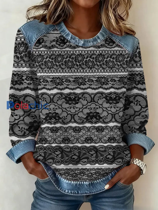 Femmes Vintage Western Dentelle Imprimer Denim Patchwork Top comme image / S