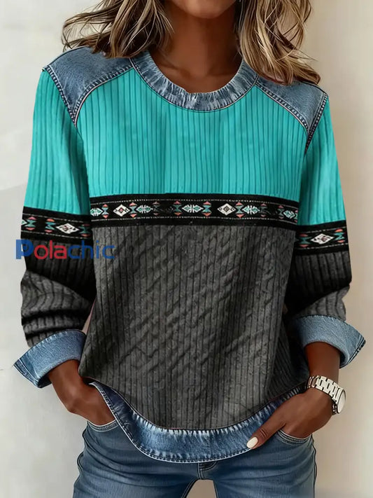 Femmes Western Ethnique Aztèque Imprimé Denim Patchwork Top comme image / S