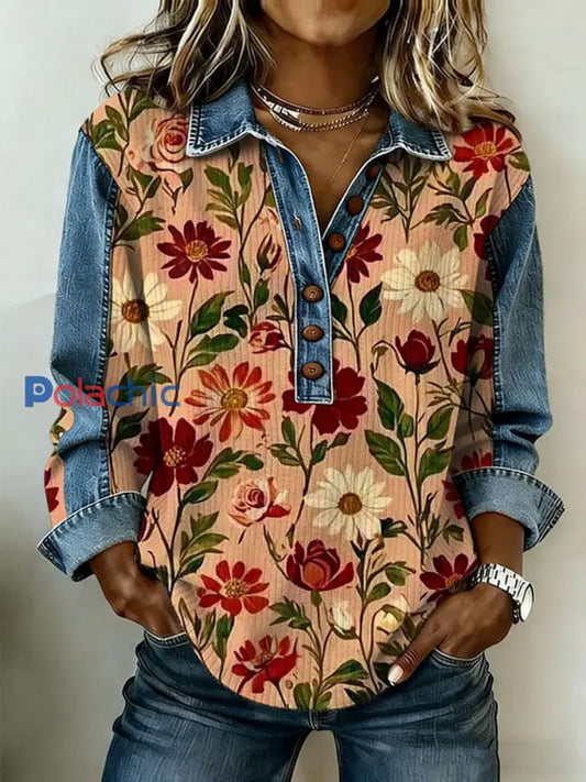 Femmes Western Floral Denim Patchwork Haut comme image / S