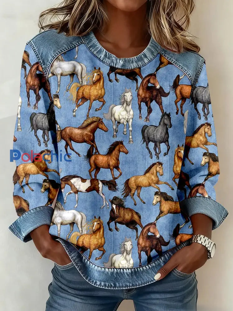 Femmes Western Horse Art Imprimer Denim Patchwork Sweatshirt Bleu / S