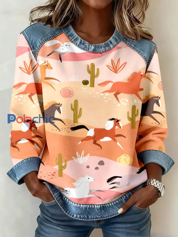 Femmes Western Horse Art Imprimer Denim Patchwork Sweatshirt comme image / S