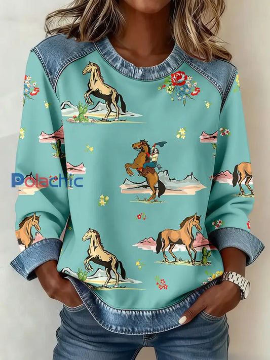 Femmes Western Horse Art Imprimer Denim Patchwork Sweatshirt comme image / S