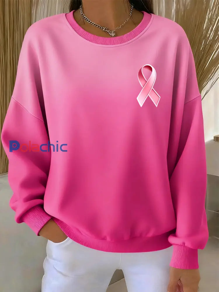 Femmes’s Breast Cancer Awareness Print Knit ras du cou à manches longues Sweatshirt Rose / S