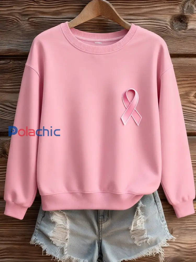 Femmes’s Breast Cancer Awareness Print Knit ras du cou à manches longues Sweatshirt Rose / S