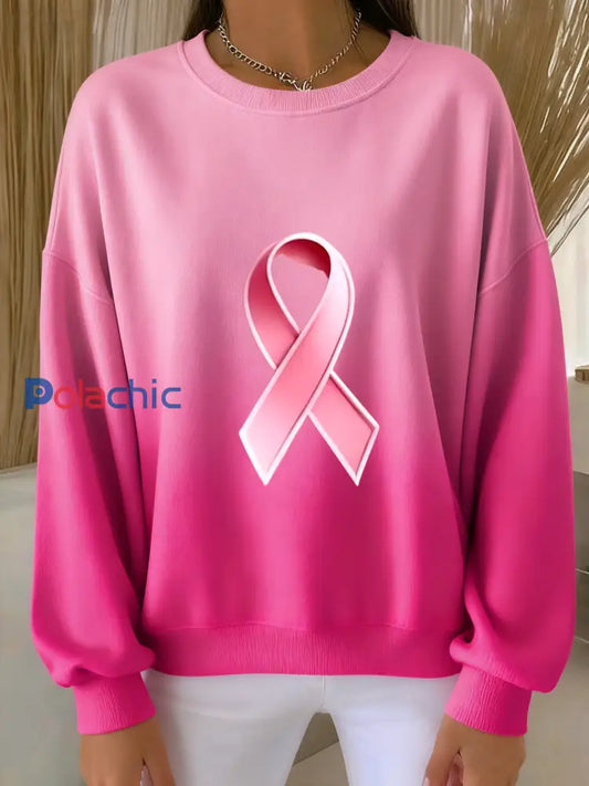 Femmes’s Breast Cancer Awareness Print Knit ras du cou à manches longues Sweatshirt Rose / S