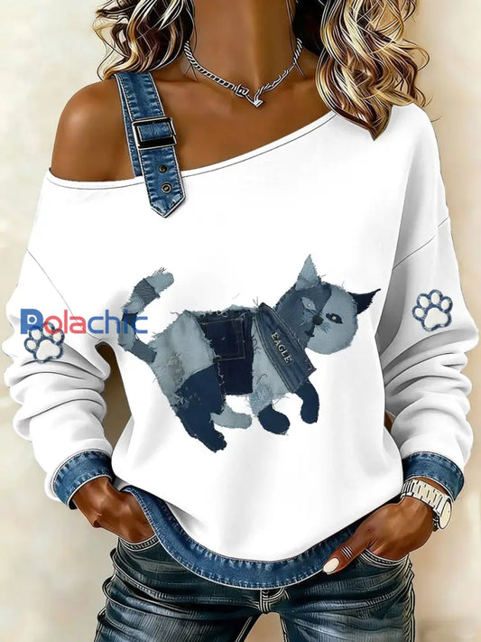 Femmes’s Denim Cat Imprimé Sweatshirt épaule unique Blanc / S