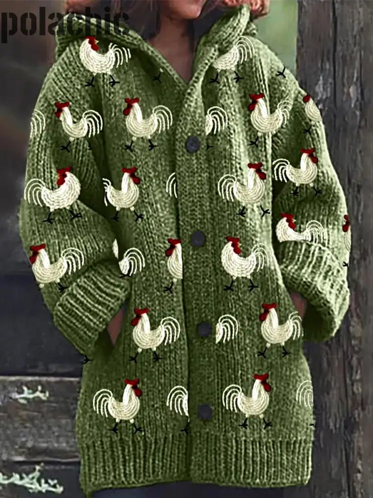 Ferme Poulet Mignon Imprimé Bouton Décontracté Lâche Mi-Longueur Tricoté À Capuche Cardigan