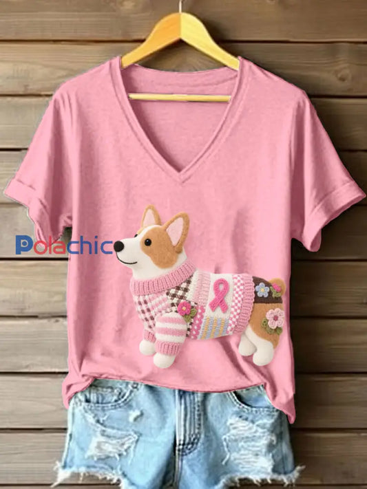 Feutre Art Corgi Motif V Neck T Shirt Femme Rose / S