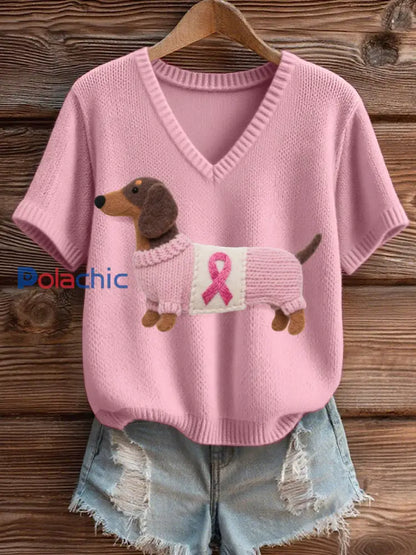 Feutre Art Teckel Motif Cozy V Neck Knit Top des femmes Rose clair / S