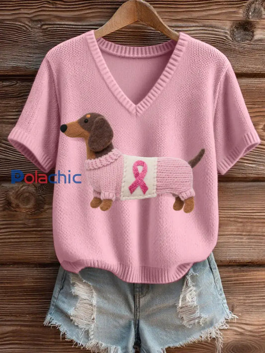 Feutre Art Teckel Motif Cozy V Neck Knit Top des femmes Rose clair / S