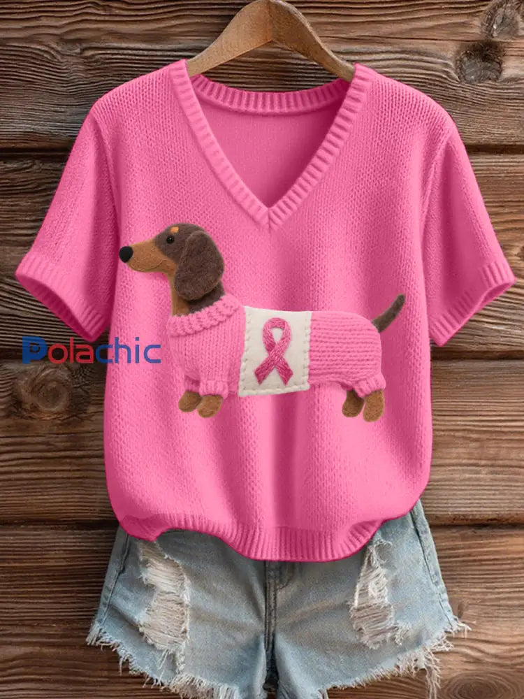 Feutre Art Teckel Motif Cozy V Neck Knit Top des femmes Rose / S