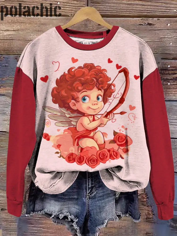 Flèche De Cupidon Saint Valentin Imprimé Col Rond Pull Loose À Manches Longues Sweat-Shirt A / S