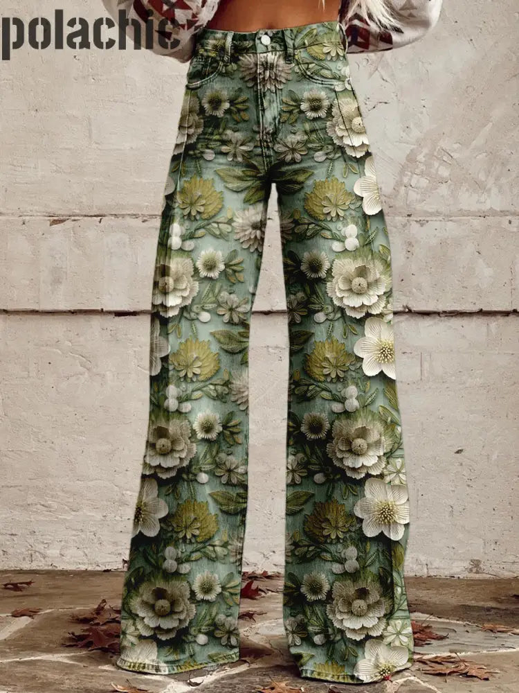 Fleur De Jardin Imprimé Vintage Western Chic Lâche Coton Boutons Pantalon A / S