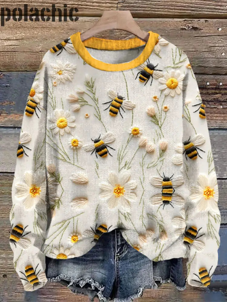 Fleur De Printemps Abeille Imprimé Col Rond Pull Lâche À Manches Longues Sweat A / S