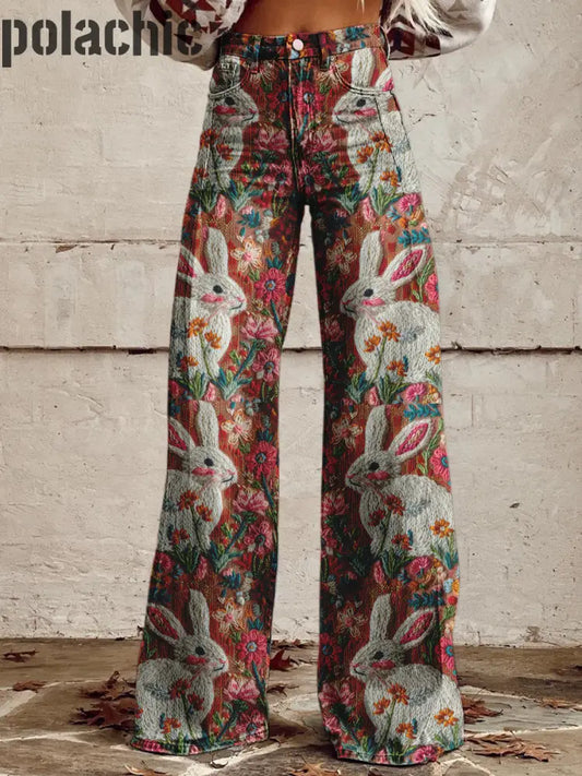 Fleur Lapin Imprimé Vintage Western Chic Lâche Coton Boutons Pantalon A / S